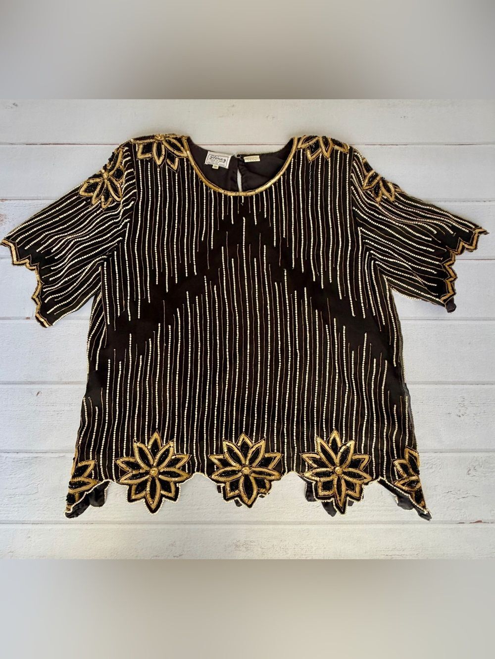 Stenay 100% Silk Beaded Sequin Evening Top Black Gold Floral 3X Vintage